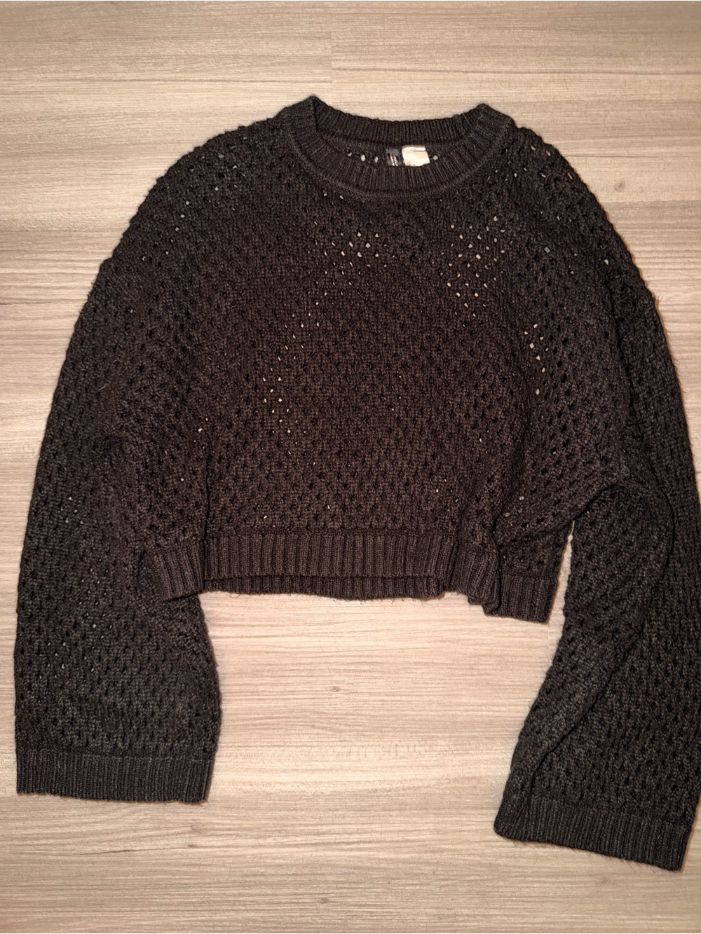 H&M Black Cropped Open-Knit Crewneck Sweater